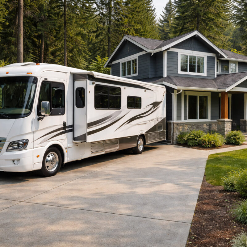 A clean RV parked in front of house in southern Oregon