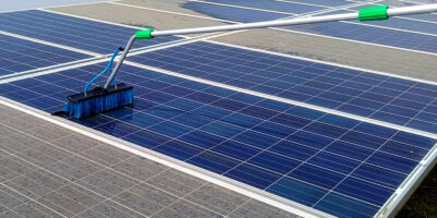 Solar panels being cleaned during the best time of year (spring)