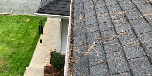 A rain gutter on a house in Rogue River, OR that needs cleaned