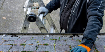 Man standing on a ladder doing roof maintenance