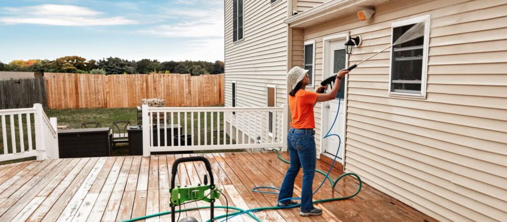A woman pressure washing the exterior of her house and deck in Southern Oregon