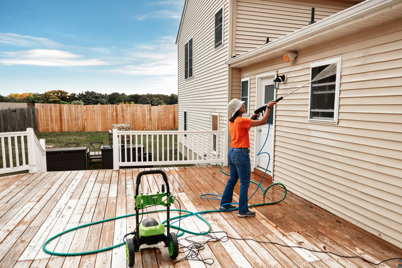 A woman pressure washing the exterior of her house and deck in Southern Oregon