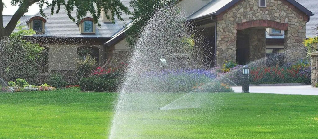 Sprinklers spraying water on yard getting overspray on a house