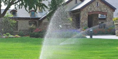 Sprinklers spraying water on yard getting overspray on a house