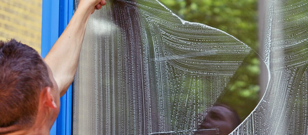 A man cleaning a window and removing streaks